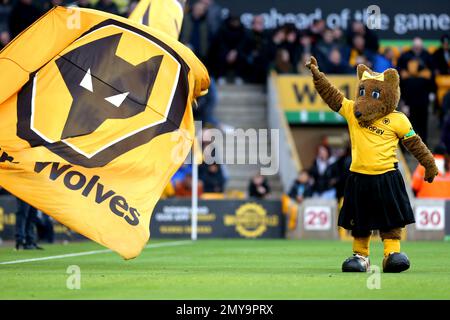 La mascotte de Wolverhampton Wanderers Wendy sur le terrain devant le match de la Premier League au stade Molineux, Wolverhampton. Date de la photo: Samedi 4 février 2023. Banque D'Images