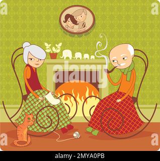 Couple âgé assis près de la cheminée. Granny trichant les chaussettes, Grandad fume son tuyau. Caractères de dessin animé à vecteur plat Illustration de Vecteur