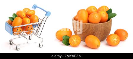 Cumquat kumquat ou avec la feuille dans un panier isolé sur fond blanc Banque D'Images