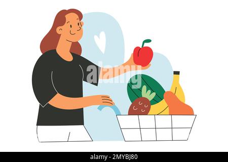 Jeune femme souriante achetant des fruits frais dans un supermarché, mettant une pomme dans un panier plein de fruits divers dans l'épicerie, supermarché . Plat Illustration de Vecteur