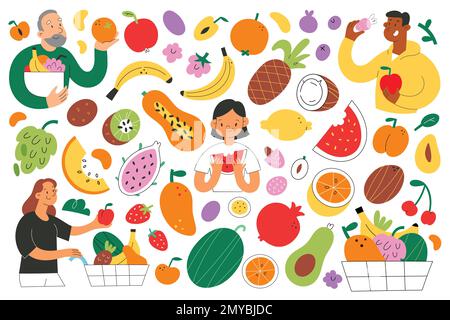 Ensemble de différentes personnes minuscules avec différents aliments et produits isolés sur fond blanc. Collection de personne de dessin animé avec récolte biologique de ferme Illustration de Vecteur