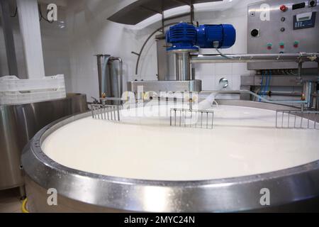 Lait dans le réservoir de préparation du lait caillé à l'usine de fromage Banque D'Images