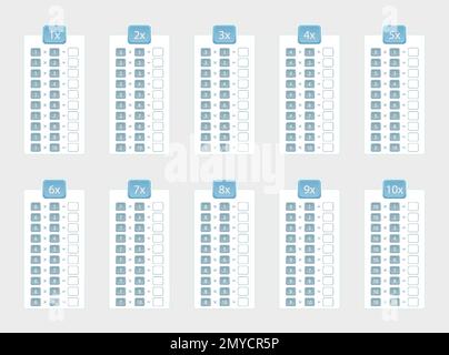 Ensemble de tables de multiplication pour la pratique de 1 à 10, table de multiplication sans réponses. Ensemble de vecteurs. Illustration de Vecteur