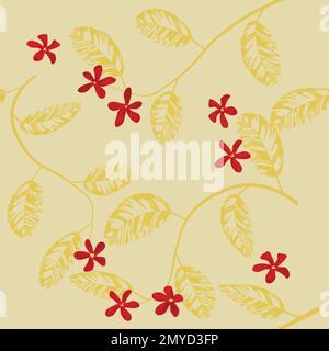 Petites fleurs rouges et grandes feuilles jaunes, motif sans couture Illustration de Vecteur
