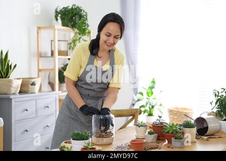 Femme mature avec argile expansée et plantes succulentes à la maison. Passe-temps captivant Banque D'Images