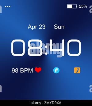 Montre intelligente. L'heure, la date, la fréquence cardiaque et les icônes s'affichent Banque D'Images