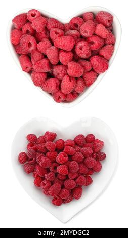 Plaques en forme de cœur avec framboises mûres fraîches sur fond blanc Banque D'Images