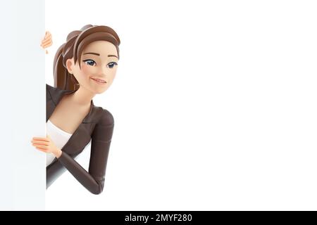 3d caricature femme de peeking dehors de derrière le mur, illustration isolée sur fond blanc Banque D'Images