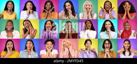 Collage créatif avec diverses femmes exprimant des émotions différentes sur des arrière-plans colorés Banque D'Images