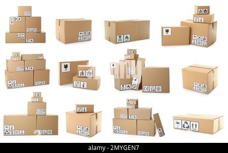 Jeu de boîtes en carton avec symboles d'emballage sur fond blanc Banque D'Images
