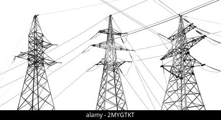 Collage avec tours haute tension isolées sur blanc. Transmission de puissance électrique Banque D'Images