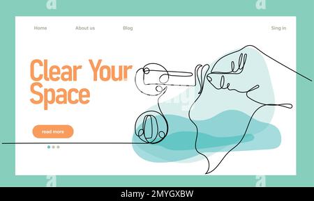 Dessin continu d'une ligne de mains portant des gants en caoutchouc surface de nettoyage avec un chiffon en microfibre ou une éponge et un spray désinfectant pendant la période de quarantaine prévue. Placez facilement votre texte et le logo de votre marque Illustration de Vecteur