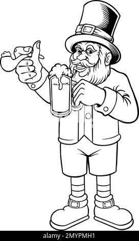 Happy saint Patricks jour leprethaun bière saoul mascotte monochrome vecteur illustrations pour votre travail logo, t-shirt, autocollants et étiquette Illustration de Vecteur