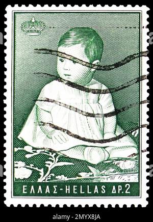 MOSCOU, RUSSIE - 2 FÉVRIER 2023: Timbre-poste imprimé en Grèce montre la princesse Alexia, première série d'anniversaire, vers 1966 Banque D'Images