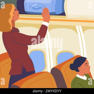 Personnage féminin mettant des bagages sur une étagère dans un avion Illustration de Vecteur