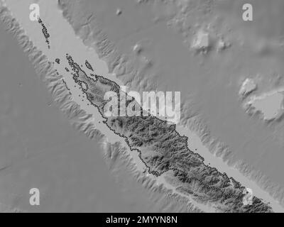 Nord, province de Nouvelle-Calédonie. Carte d'altitude en niveaux de gris avec lacs et rivières Banque D'Images