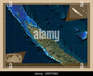 Nord, province de Nouvelle-Calédonie. Carte satellite basse résolution. Cartes d'emplacement auxiliaire d'angle Banque D'Images