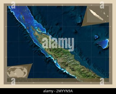 Nord, province de Nouvelle-Calédonie. Carte satellite haute résolution. Cartes d'emplacement auxiliaire d'angle Banque D'Images