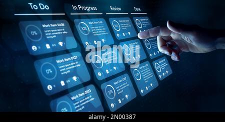 Développement de logiciels agiles ou gestion de projets à l'aide de tableaux de méthodologie kanban ou scrum. Processus, flux de travail, outils d'organisation visuelle et cadre Banque D'Images