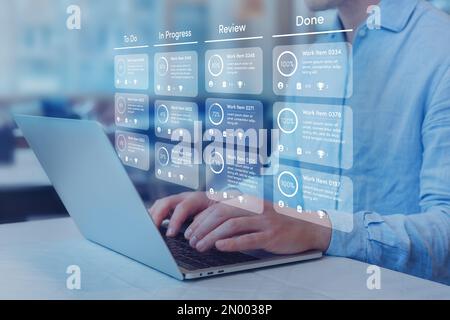 Développement de logiciels agiles ou gestion de projets à l'aide de tableaux de méthodologie kanban ou scrum à l'écran. Processus, flux de travail, outils d'organisation visuelle et Banque D'Images