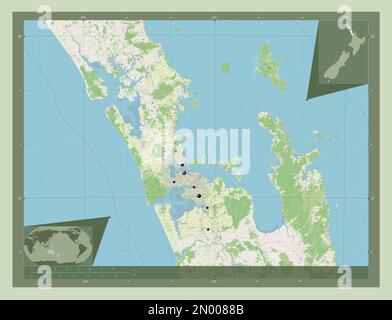 Auckland, conseil régional de Nouvelle-Zélande. Ouvrez la carte des rues. Lieux des principales villes de la région. Cartes d'emplacement auxiliaire d'angle Banque D'Images