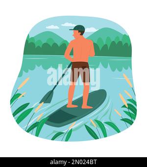 L'homme aime avec le canot d'aviron dans la rivière Illustration de Vecteur