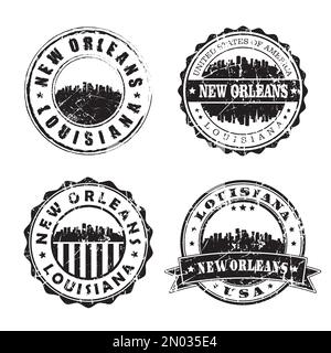 New Orleans Louisiana Stamp, marque de poste Skyline. Passeport postal Silhouette. Jeu d'icônes City Round Vector. Postage vintage Illustration de Vecteur