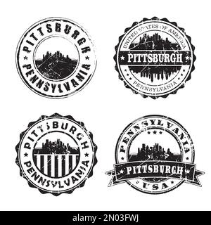 Pittsburgh Pennsylvania Stamp, marque de poste Skyline. Passeport postal Silhouette. Jeu d'icônes City Round Vector. Postage vintage Illustration de Vecteur