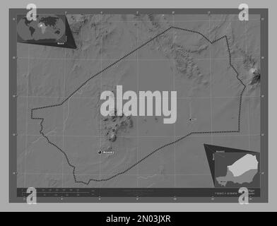 Agadez, département du Niger. Carte d'altitude à deux niveaux avec lacs et rivières. Lieux et noms des principales villes de la région. Emplacement auxiliaire du coin Banque D'Images