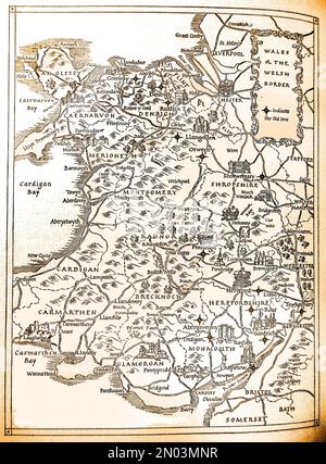 Une carte de 1946 du pays de Galles et de ses frontières montrant les auberges et les lieux d'intérêt. Banque D'Images