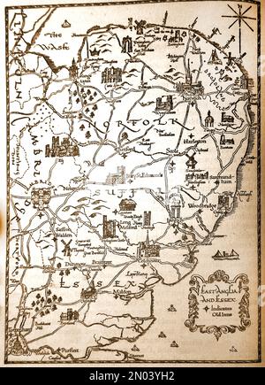 Une carte de Norfolk, Suffolk et East Anglia en 1946 montrant les auberges et les lieux d'intérêt. Banque D'Images