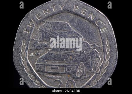 Revers d'une pièce de 1997 de l'Île de Man 20p commémorant le rallye automobile annuel des îles Banque D'Images