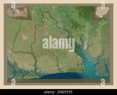 Akwa Ibom, État du Nigéria. Carte satellite haute résolution. Cartes d'emplacement auxiliaire d'angle Banque D'Images