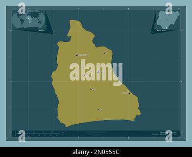 Akwa Ibom, État du Nigéria. Forme de couleur unie. Lieux et noms des principales villes de la région. Cartes d'emplacement auxiliaire d'angle Banque D'Images