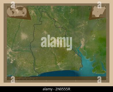 Akwa Ibom, État du Nigéria. Carte satellite basse résolution. Cartes d'emplacement auxiliaire d'angle Banque D'Images