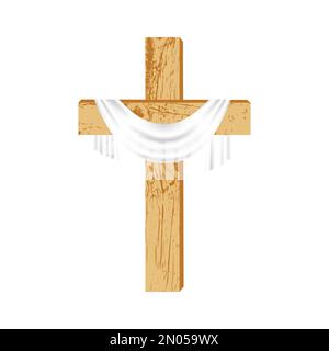 Croix chrétienne en bois. Simple croix en bois avec un carénage blanc, tissu sur fond blanc. Élément de conception pour Pâques, dimanche des palmiers, Résurrecti Illustration de Vecteur