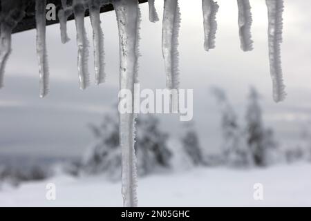 Schierke, Allemagne. 05th févr. 2023. Des glaces pendent d'un abri à la gare de Brocken. Le sommet le plus élevé des montagnes de Harz est actuellement présenté en hiver. Après que le service ferroviaire entre Schierke et Brocken ait dû être suspendu pendant les six derniers jours en raison des conditions météorologiques, les trains de la Harzer Schmalssurbahnen GmbH (HSB) fonctionnent à nouveau comme prévu jusqu'à la plus haute montagne de la Harz à partir d'aujourd'hui. Les trains sur le reste du réseau Harzquerbahn et Selketalbahn fonctionnent également comme prévu. Credit: Matthias Bein/dpa/Alay Live News Banque D'Images