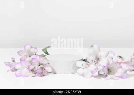 Podium en pierre cylindrique sur fond blanc gris avec ombres dures et plantes, fleurs. Scène de présentation de produit cosmétique vide minimale. Banque D'Images