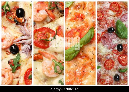 Collage avec différentes pizzas, vue rapprochée Banque D'Images