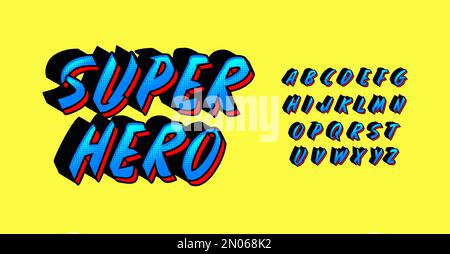 Alphabet de bande dessinée, lettres dynamiques de super-héros, police onomatopoeia pour le logo et le titre de dessin animé, typographie drôle d'époque avec effet 3D, conception de jeu Illustration de Vecteur