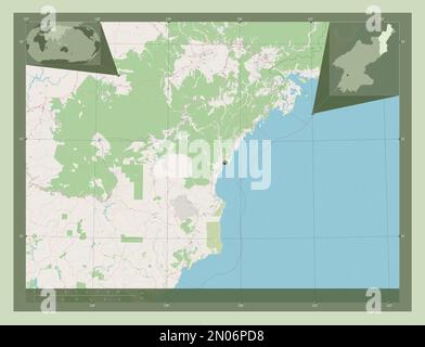 Hamgyong-bukto, province de Corée du Nord. Ouvrez la carte des rues. Cartes d'emplacement auxiliaire d'angle Banque D'Images