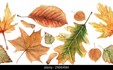 Aquarelle automne nature bordure sans couture. Texture dessinée à la main avec des feuilles d'arbre rouges, jaunes et orange. Belle bordure de cadre de saison. Banque D'Images