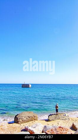 Promenade avec palmiers à côté de la plage sur la plage de Badalona, Barcelone, Catalunya, Espagne, Europe Banque D'Images