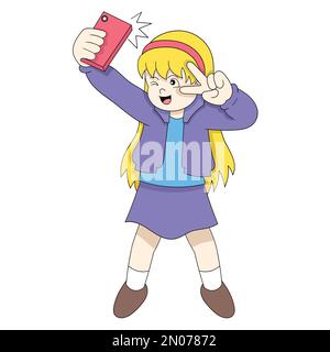 belle fille avec de longs cheveux blonds prend une photo d'elle-même Illustration de Vecteur