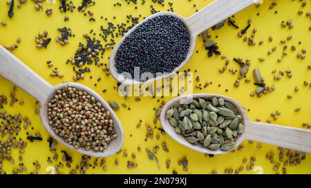 Graines de moutarde noire, coriandre et cardamome dans une cuillère en bois sur fond jaune d'en haut Banque D'Images