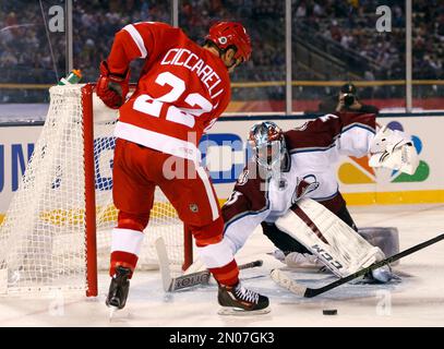 As Colorado Avalanche goalie Patrick Roy looks on in the crease in the  background, Boston Bruins left winger P.J., Axelsson, center, slides across  the ice after being tripped up by Colorado Avalanche