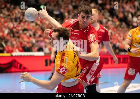 Aalborg, Danemark. 04th févr. 2023. Mads Hoxer Hangaard (14) de Aalborg Handball vu dans le match danois HTH Herreligia entre Aalborg Handball et GOG à Sparekassen Danmark Arena à Aalborg. (Crédit photo : Gonzales photo/Alamy Live News Banque D'Images