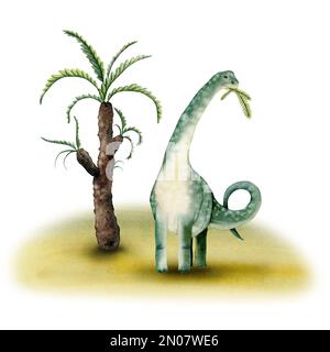 Vert aquarelle brachiosaurus dinosaure mangeant palmier feuilles composition isolée sur fond blanc. Banque D'Images