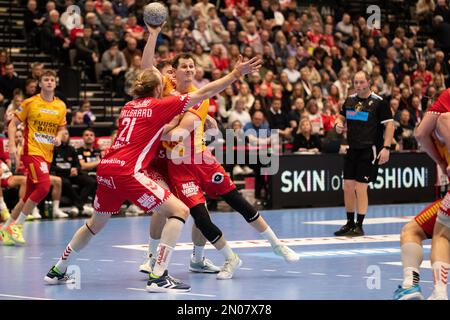 Aalborg, Danemark. 04th févr. 2023. Lauritz Leger (15) de GOG vu dans le match danois HTH Herreligia entre Aalborg Handball et GOG à Sparekassen Danmark Arena à Aalborg. (Crédit photo : Gonzales photo/Alamy Live News Banque D'Images