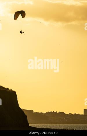 Vue sur le sol d'un parapente solitaire qui glisse sur la côte du Kent à Herne Bay silhoueté contre le ciel jaune dans l'heure d'or avant le coucher du soleil. Banque D'Images